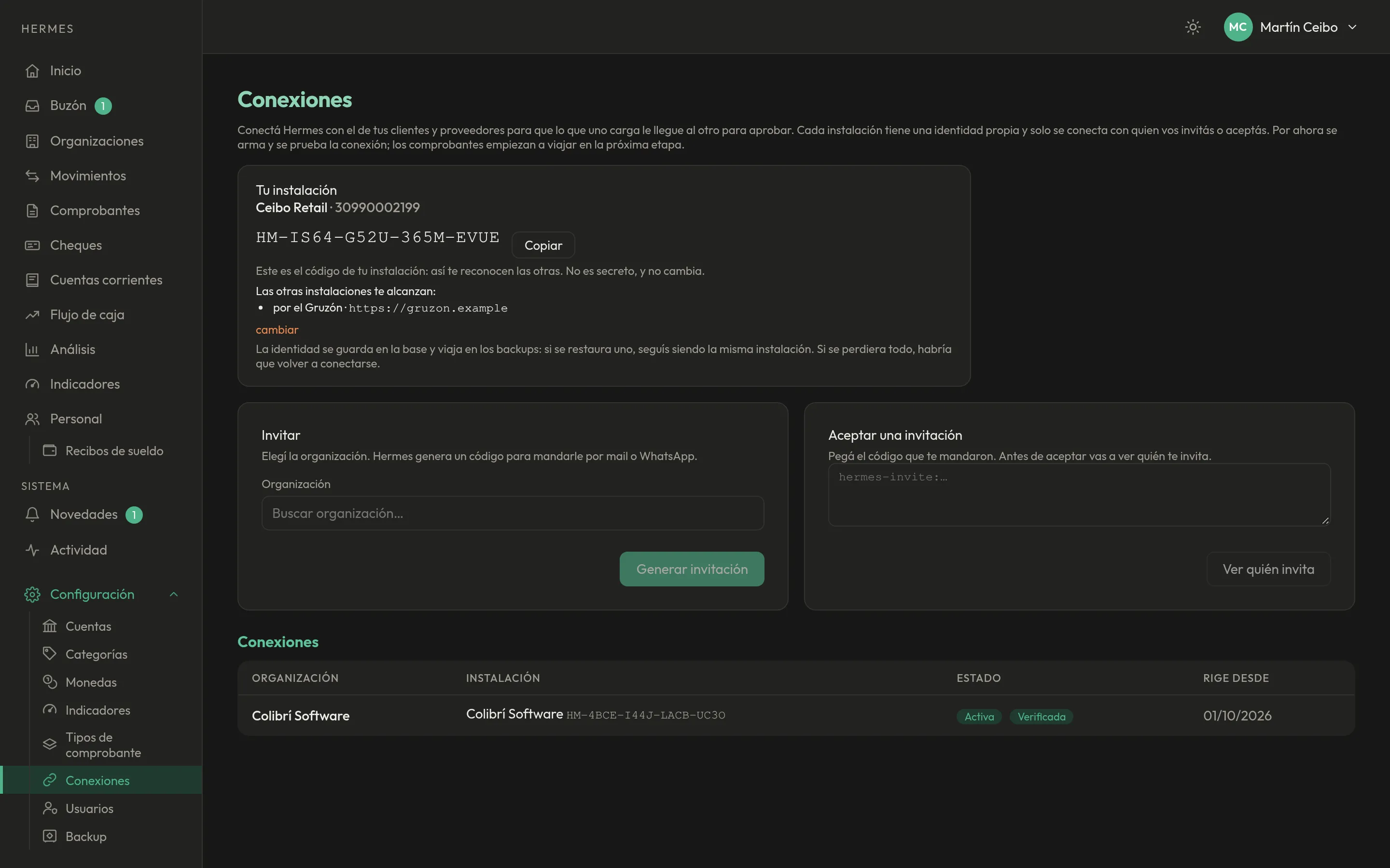 Conexiones en el hermes de Ceibo Retail: Colibrí Software conectada y verificada