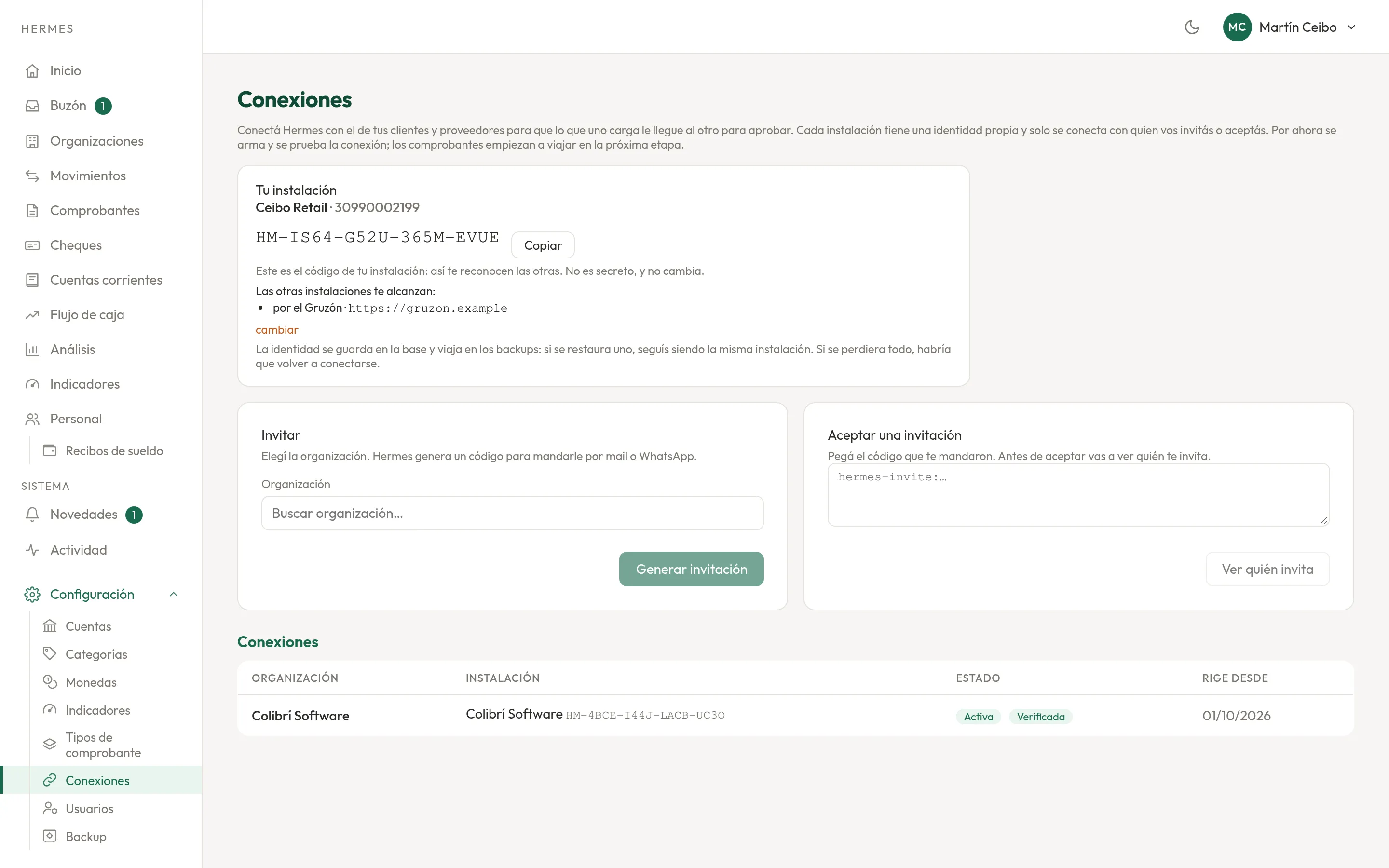 Conexiones en el hermes de Ceibo Retail: Colibrí Software conectada y verificada