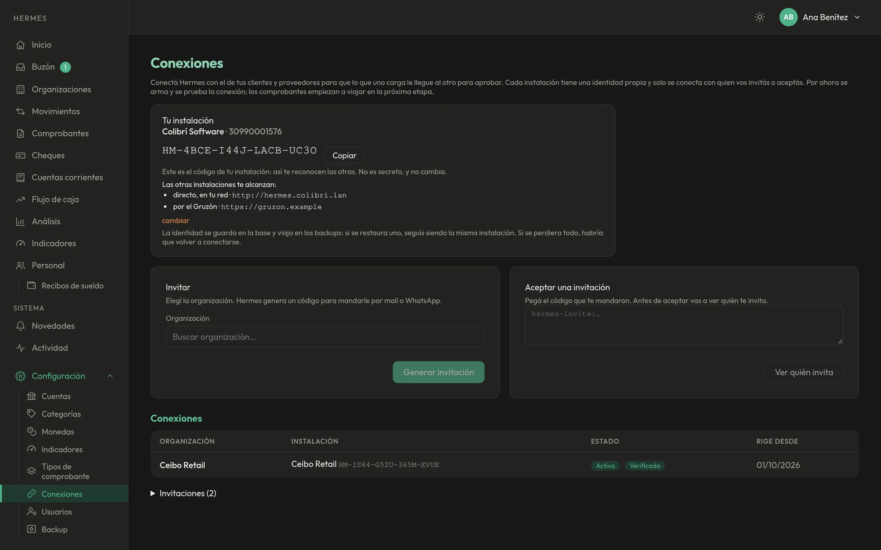 Conexiones en el hermes de Colibrí Software: Ceibo Retail conectada y verificada