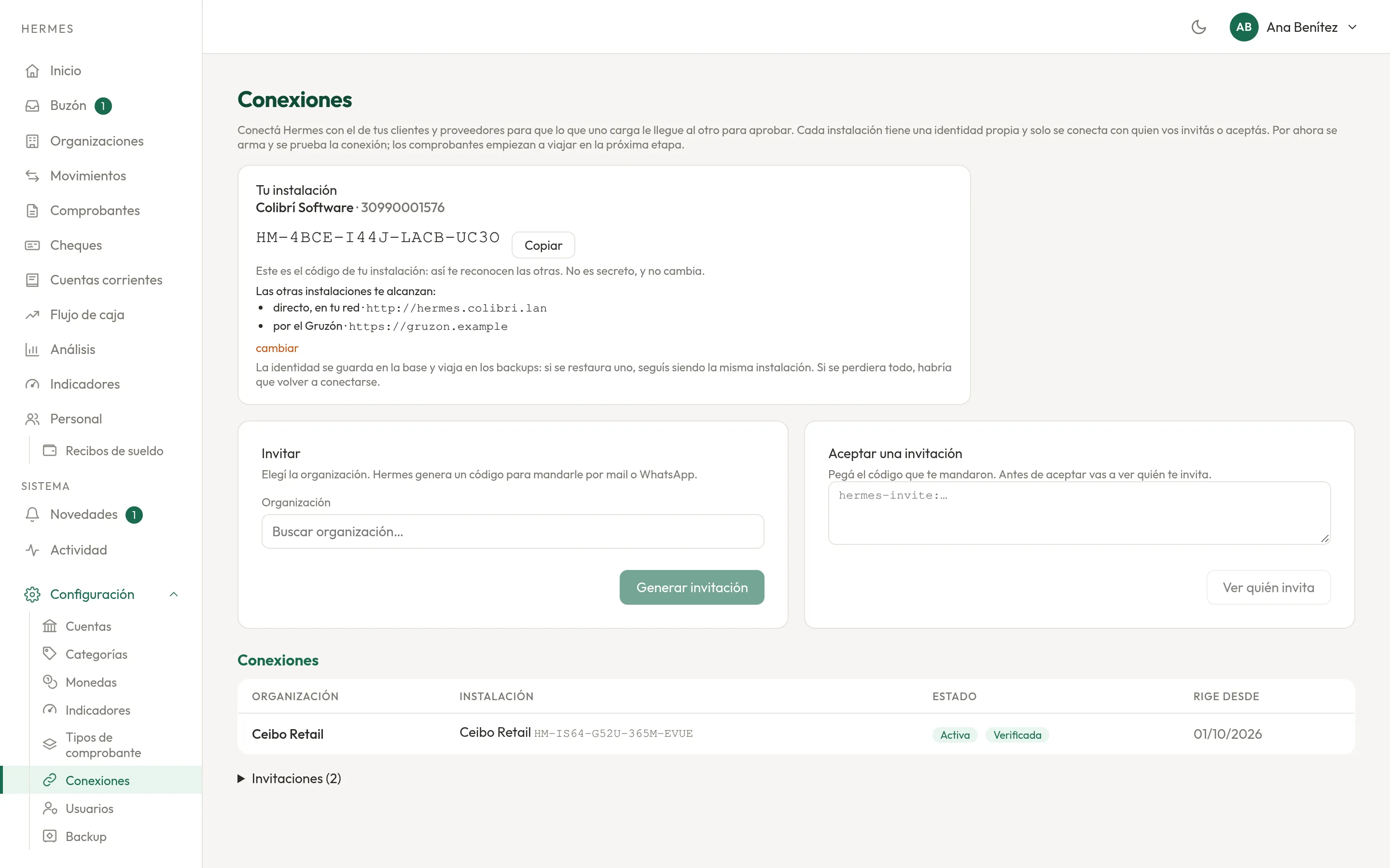Conexiones en el hermes de Colibrí Software: Ceibo Retail conectada y verificada