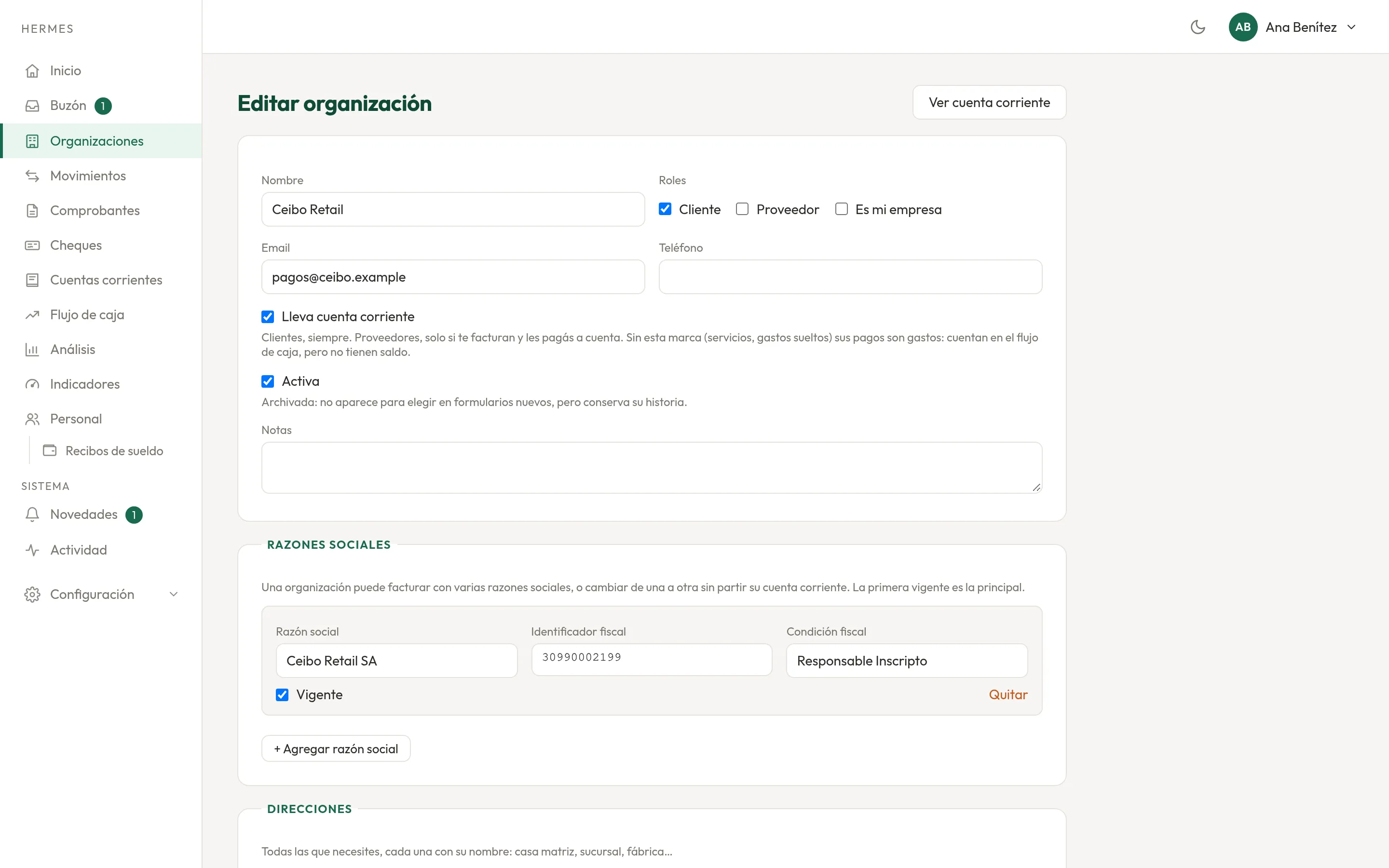 Razones sociales, direcciones y contactos